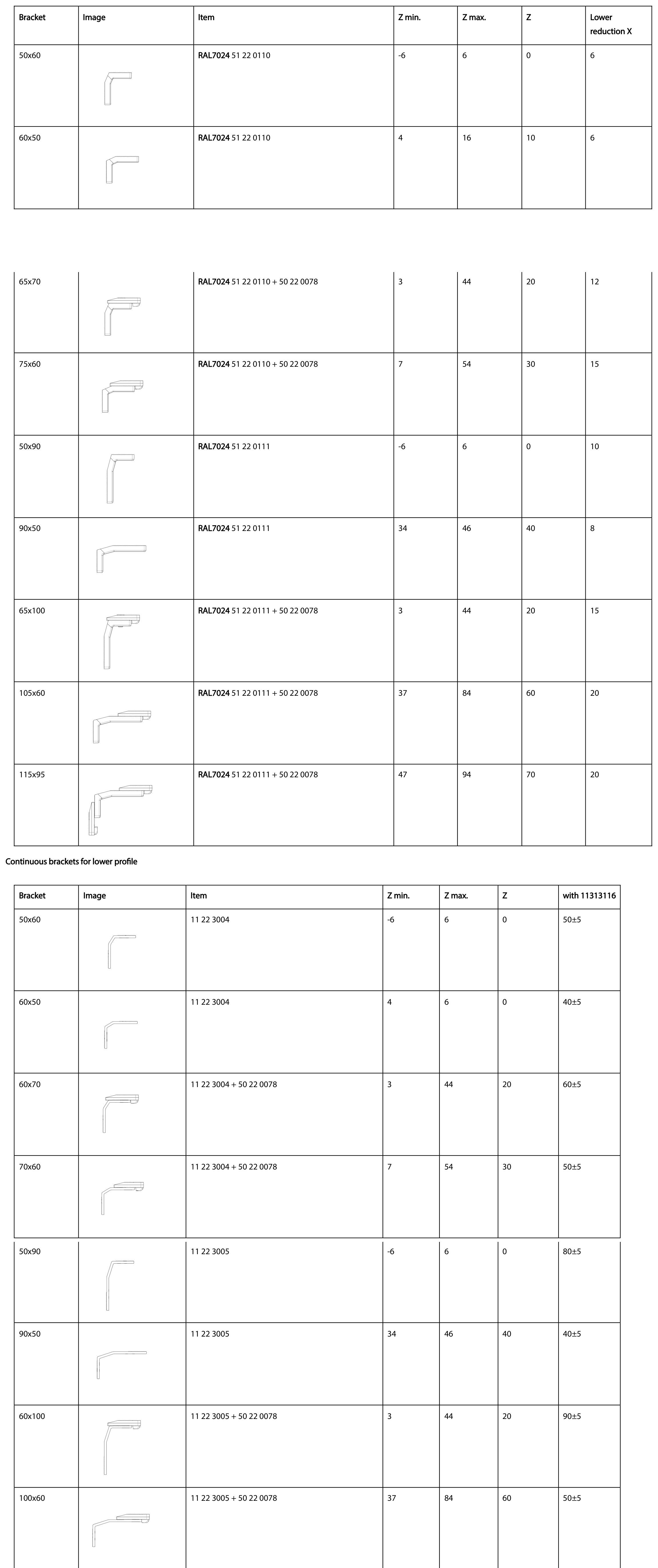 Brackets for lower profile reference table